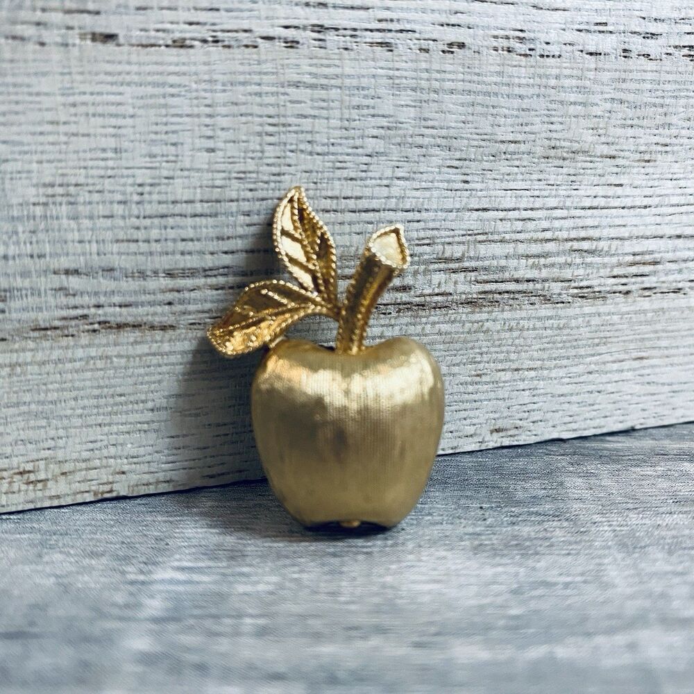 AVON Goldtone Brushed / Textured APPLE Shape Pin Brooch Vintage 1.25" tall 1960s